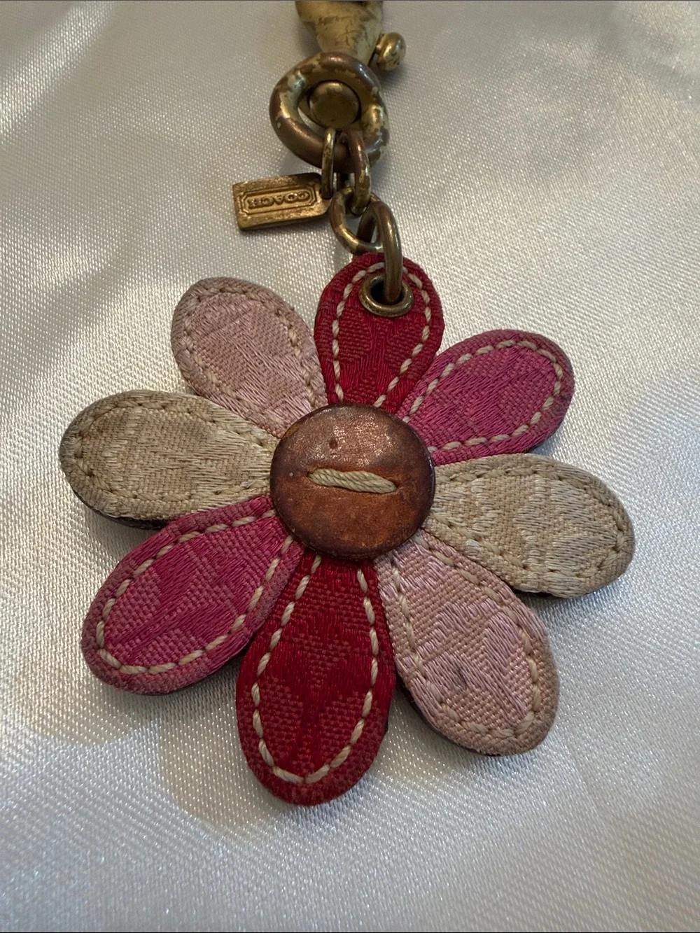 Coach Vintage Pink Signature Leather Cloth F lower Daisy Charm Fob Rare